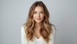 © AI Artworks - A young woman with long, wavy hair smiling softly in a white sweater against a plain background.