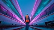 © irawan - Engineer in safety vest and hard hat standing between two high-speed trains with vibrant neon lights.