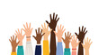 © Lily - Many diverse hands with various skin tones and shirt sleeves raised up high against a plain white background for unity concepts.