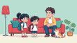 © Asif's Creatives - Pixel art happy family with father and school children at home living room scene backpack education lifestyle and cozy domestic life concept