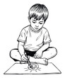 © Pro Designs - Young boy sitting crosslegged on the floor concentrating intently while drawing a house on paper with a marker, ideal for educational content, childrens activities, or creative development