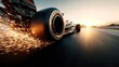 © Visglow - Formula 1 race car speeding on a track at sunset, creating sparks.