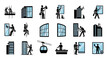 © AMSA OZA - Set of twelve original black silhouette icons showing diverse window cleaner people performing different high-rise glass cleaning activities including rope descent, gondola work, facade washing