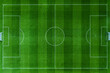 © alones - High-angle aerial top view of a pristine green soccer field. Professional football pitch with white markings, goal posts, and textured grass stripes. Perfect for sports and recreation designs.