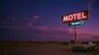 © crispy - Glowing neon motel vacancy sign at dusk with an antique car in the foreground. Retro travel and road trip concept for vintage design