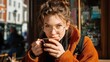 © Anastasiia - Young woman with round glasses sipping coffee outside a cafe, wearing an orange fleece jacket. Concept Cafe outdoor portrait, Round glasses style, Sipping coffee moment, Orange fleece jacket
