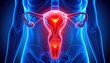 © Bassano - 'Medical illustration of female reproductive system with uterus highlighted in red glowing center, surrounding fallopian tubes and ovaries visible, transparent blue-toned anatomy emphasizing internal