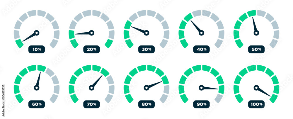 Progress percentage meter. Speedometer indicator, gauge level for speed ...