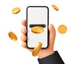 © Ukio.stock - Phone and coins. Hand holding smartphone with golden coins. Cashback, mobile banking and online earning, investment and wallet app, transaction and saving, transaction refund vector isolated concept