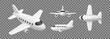 © Ukio.stock - 3D toy plane. Cartoon airplane flying in front, side and top view. Cute white plastic aircraft, jet for aviation, travel and ticket booking, tourism concept. Vector realistic soft render isolated set.