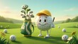 © andriebj - Cute golf ball character with club bag on sunny golf course