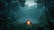 © Deepwood - Illuminated tent glows warmly amidst a dense, rainy jungle at twilight