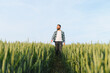 © Serhii - Farmer walking and inspecting green wheat field before harvest