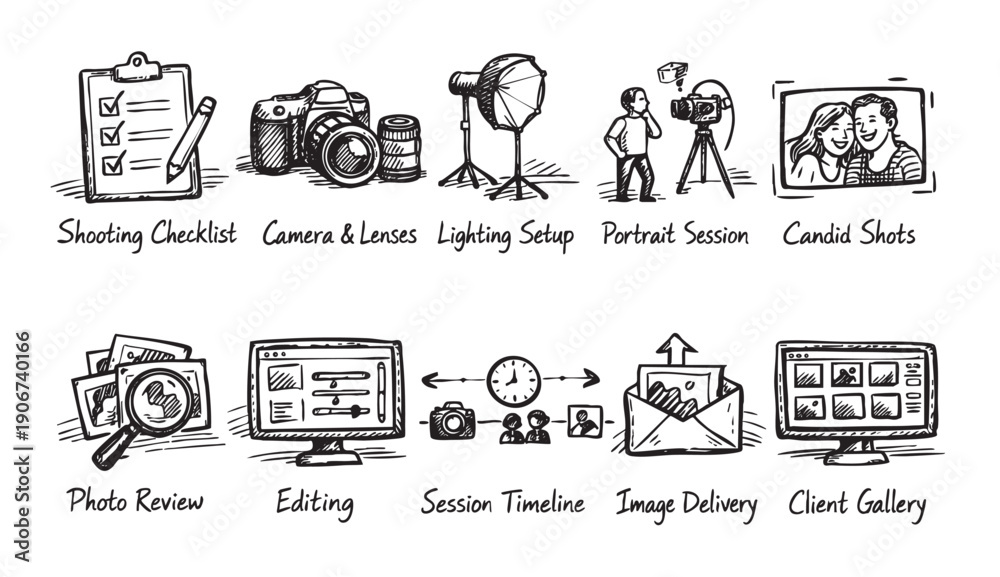 Hand-drawn style icons depicting the photography workflow, from ...