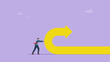 © yedsgn - Businessman push back arrow symbol. Change of a direction, Businessman changing the path of a huge arrow to suggest a positive increase.