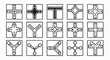 © Sindy - Set of diverse road intersection icons illustrating various junction types for navigation, mapping, and traffic flow concepts in a clean, minimalist vector design.