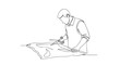 © Chinases - A continuous line drawing shows a tailor using scissors to cut fabric on a table, creating a minimalist and elegant illustration for design or fashion content.