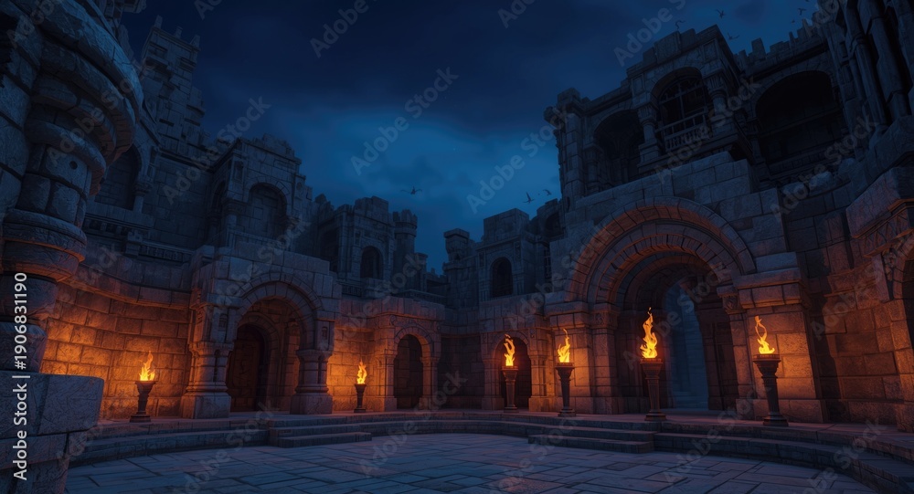 Cartoon style ancient architecture with granite block walls, stone ...