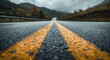 © vxnaghiyev - Close perspective on rain wet road surface highlighting yellow dividing lines and blurred scenery symbolizing velocity