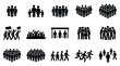 © Sophia - Collection of black stick figure icons representing people in various social situations like family, community, protest, and teamwork, illustrating different group sizes and activities