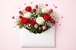 © Halina - Envelope filled with red and white roses on pink background, romantic floral arrangement with hearts