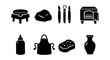 © 4zevar - Pottery tools and equipment icons set: wheel, kiln, clay, vases, and apron