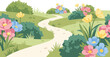 © azad - Spring floral landscape vector clipart with colorful flowers, garden path, and green hills illustration
