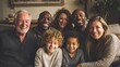 © Yanka - Multiracial family smiling in living room during evening reunion with three generations, warm ambient lighting, parents embracing children, grandparents beaming, inclusive joyful atmosphere, candid
