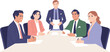 © MDRONI - Set of professional business people sitting at a desk and having a meeting for corporate teamwork brainstorming and strategic planning flat vector illustration