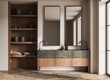 © ImageFlow - Modern bathroom interior with wood shelving, dual mirrors, and stone countertop, minimalist design on neutral background. Concept of home design. 3D Rendering