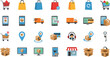 © MstBabli - Ecommerce and online shopping icon set featuring delivery services, mobile payments, logistics tracking, customer support, and retail marketplace elements in flat vector style