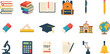 © MstGulzan - Education and school supplies icon set featuring books, stationery, backpack, graduation cap, classroom tools, and learning equipment in flat vector style