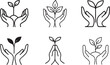 © MdKhalid - One line hands holding sprouting plant icon set, symbol of care, growth and sustainability