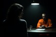 © Rifqi - Dark shot of a female detective facing a male suspect in an orange uniform during a tense investigation, concept for crime drama, legal investigation and psychological thriller footage