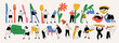 © Dariia - Tiny people with giant kitchen utensils, flowers, pencils. People hold furniture, sitting in big cups. Cute characters. Unique trendy style. Hand drawn Vector illustration. Isolated design elements