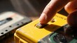 © Yauhen - Close up finger pressing button on vintage yellow cassette player with tape in background. Nostalgic 80s music concept for retro technology and kidult lifestyle themes.