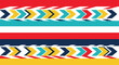 © Nizam - Abstract geometric pattern with horizontal stripes and colorful chevron arrow shapes in vibrant red yellow and navy blue tones.