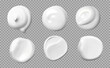 © Buch&Bee - Realistic white skincare cosmetics cream swatches on transparent background. Vector 3d makeup, face and body skin care cream swatches round splashes set. White lotion, gel or sunscreen creamy drops