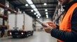 © mdshafiq - Smart Logistics: Warehouse worker in orange vest using digital tablet, supply chain management, cargo distribution tracking, industrial technology and delivery service concept