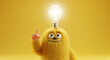 © cato_rium - Cute yellow monster with light bulb on its head pointed finger up on yellow background. Banner template of idea and creativity concept for business inspiration or educational advertising, copy space.