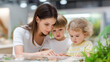 © Nataliya - Faceless mother playing discovery games with two little children in interactive natural history museum exhibition, learning through play concept, defocused displays, with copy spac