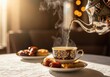 © Shakib - Steaming cup of tea being poured from teapot onto saucer on table with pastries and dates