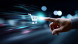 © Curioso.Photography - Hand touching virtual shopping cart icon in futuristic digital e-commerce interface.