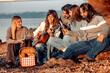 © ivanko80 - Group of friends gather on the beach during sunset for a picnic and music by the water's edge in a relaxed environment