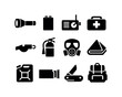 © peppastocker - Home emergency supplies: flashlight, battery pack, radio, first aid kit, whistle, fire extinguisher, smoke mask, emergency blanket, water canister, food ration