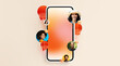 © Prostock-studio - Smartphone displays a collage featuring different people connected through communication icons. The background includes vibrant shapes and designs that enhance the visual aspect.