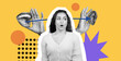 © Prostock-studio - A collage displays a woman surprised in the center with hands showing speaking gestures and an ear in sight. Colors and shapes create a lively scene focusing on communication.