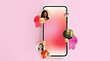 © Prostock-studio - A collage showcases a smartphone at the center with various people displayed around it. The background features bright colors and shapes, highlighting communication among individuals.