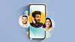 © Prostock-studio - A smartphone displays a collage with three people. Two smiling faces appear next to a man who is listening. The background is simple and focuses on communication and connection.