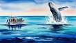 © Noldy - Watercolor illustration of a whale breaching with boat on ocean waters